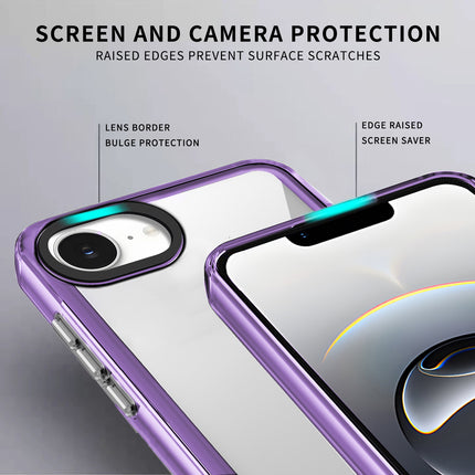 Mobizang Warrior Acrylic Clear Back Cover For Apple iPhone 16E | Slim Shockproof [Military Grade Protection] Hybrid Bumper Case (Purple Sides)