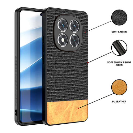 Mobizang Soft Fabric & Leather Hybrid Protective Back Cover for Redmi Note 14 Pro Plus | Shockproof Slim Hard Anti Slip Back Case (Black,Brown)