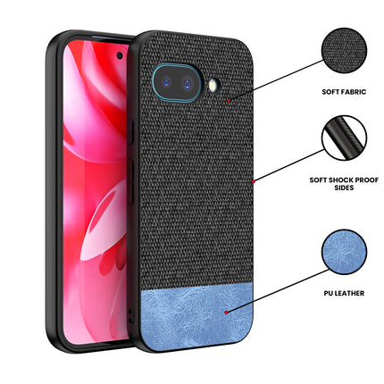 Mobizang Soft Fabric & Leather Hybrid Protective Back Cover for Google Pixel 9A | Shockproof Slim Hard Anti Slip Back Case (Black,Blue)