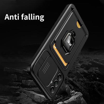 Mobizang Bisen Back Cover for Samsung Galaxy S25 Plus | Inbuilt Camera Slider Ring Stand and Card Pocket Shockproof Slim Bumper Back Case (Black)