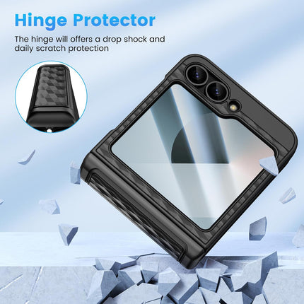 Mobizang Geometric Hinge Protection Back Cover for Samsung Galaxy Z Flip6 / Flip 6 | with [Inbuilt Glass] Full Body Shockproof Hard Back Case (Black)