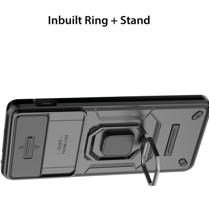 Mobizang Armor Slider Back Cover for OnePlus Nord 4 | Inbuilt Ring + Camera Slider Shockproof Lens Protection Bumper Back Case (Black)