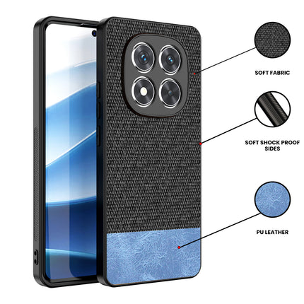 Mobizang Soft Fabric & Leather Hybrid Protective Back Cover for Redmi Note 14 Pro Plus | Shockproof Slim Hard Anti Slip Back Case (Black,Blue)