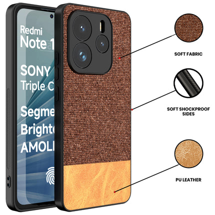 Mobizang Soft Fabric & Leather Hybrid Protective Back Cover for Redmi Note 14 (5G) | Shockproof Slim Hard Anti Slip Back Case (Brown)