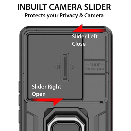 Mobizang Armor Slider Back Cover for Samsung Galaxy S25 PLUS | Inbuilt Ring + Camera Slider Shockproof Lens Protection Bumper Back Case (Black)