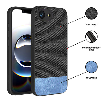 Mobizang Soft Fabric & Leather Hybrid Protective Back Cover for Apple iPhone 16E | Shockproof Slim Hard Anti Slip Back Case (Black,Blue)