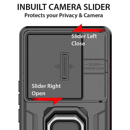 Mobizang Armor Slider Back Cover for Apple iPhone 16 Pro | Inbuilt Ring + Camera Slider Shockproof Lens Protection Bumper Back Case (Black)