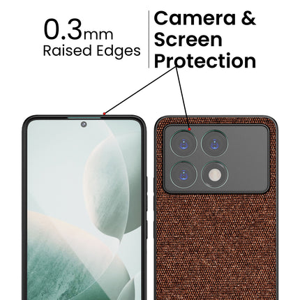 Mobizang Soft Fabric & Leather Hybrid Protective Back Cover for Poco X6 Pro | Shockproof Slim Hard Anti Slip Back Case (Brown)