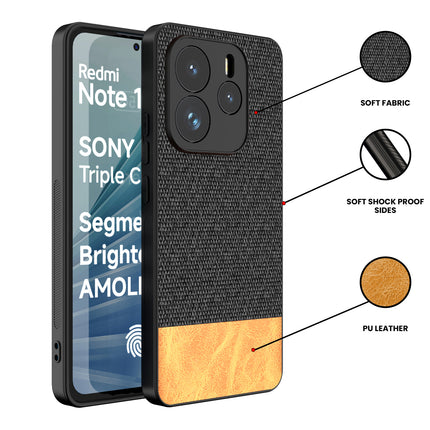 Mobizang Soft Fabric & Leather Hybrid Protective Back Cover for Redmi Note 14 (5G) | Shockproof Slim Hard Anti Slip Back Case (Black,Brown)