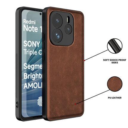 Mobizang Tux Leather Back Cover for Redmi Note 14 (5G) | Slim Shockproof Camera Protection Bumper Case (Brown)