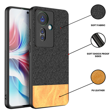 Mobizang Soft Fabric & Leather Hybrid Protective Back Cover for Oppo F25 Pro (5G) | Shockproof Slim Hard Anti Slip Back Case (Black,Brown)