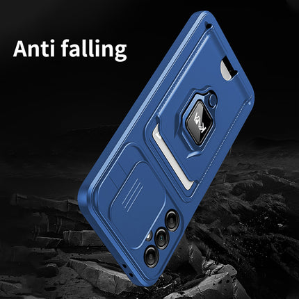 Mobizang Bisen Back Cover for Samsung Galaxy S25 Plus | Inbuilt Camera Slider Ring Stand and Card Pocket Shockproof Slim Bumper Back Case (Blue)