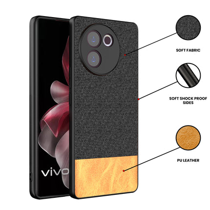 Mobizang Soft Fabric & Leather Hybrid Protective Back Cover for Vivo V30E (5G) | Shockproof Slim Hard Anti Slip Back Case (Black,Brown)