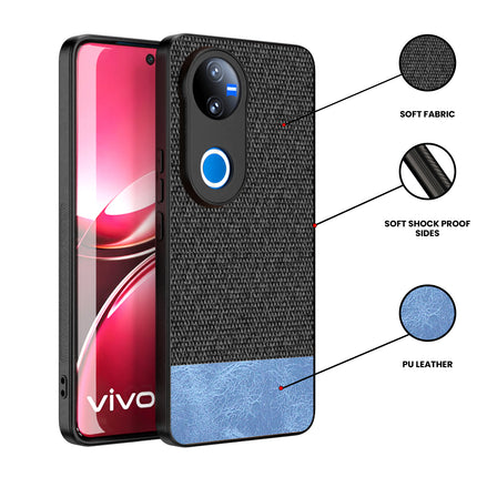 Mobizang Soft Fabric & Leather Hybrid Protective Back Cover for Vivo V50 5G | Shockproof Slim Hard Anti Slip Back Case (Black,Blue)