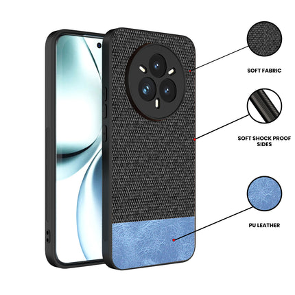 Mobizang Soft Fabric & Leather Hybrid Protective Back Cover for Realme 14 Pro+ (Plus) 5G | Shockproof Slim Hard Anti Slip Back Case (Black,Blue)