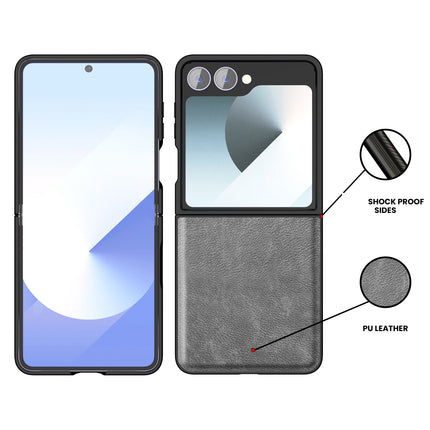 Mobizang Tux Leather Back Cover for Samsung Galaxy Z Flip 7 | Slim Shockproof Camera Protection Bumper Case (Grey)
