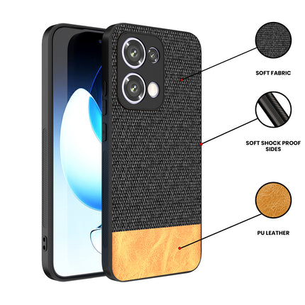 Mobizang Soft Fabric & Leather Hybrid Protective Back Cover for Oppo Reno 13 5G | Shockproof Slim Hard Anti Slip Back Case (Black,Brown)
