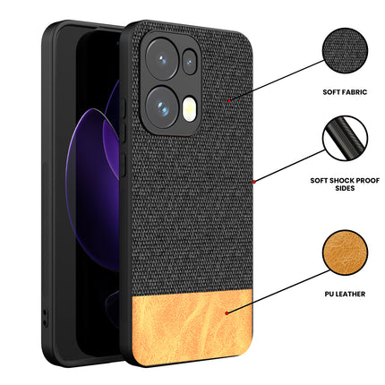 Mobizang Soft Fabric & Leather Hybrid Protective Back Cover for Oppo Reno 13 Pro | Shockproof Slim Hard Anti Slip Back Case (Black,Brown)