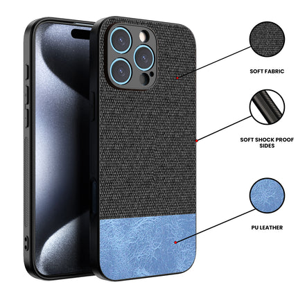 Mobizang Soft Fabric & Leather Hybrid Protective Back Cover for Apple iPhone 16 Pro | Shockproof Slim Hard Anti Slip Back Case (Black,Blue)