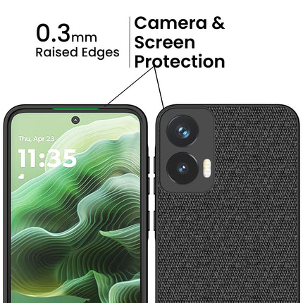 Mobizang Soft Fabric & Leather Hybrid Protective Back Cover for Moto G35 | Shockproof Slim Hard Anti Slip Back Case (Black,Brown)