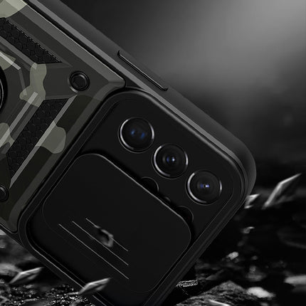 Mobizang Tank Back Cover for Samsung Galaxy S25 Ultra | Inbuilt Ring + Slider Shockproof Lens Protection Bumper Back Case (Black)