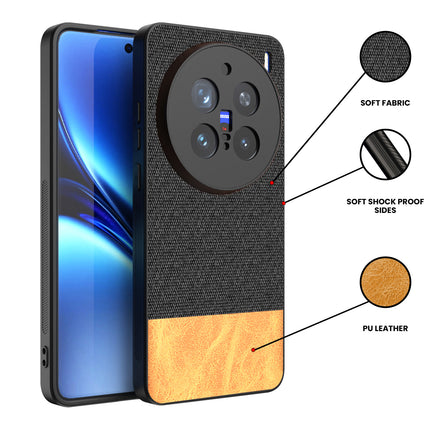 Mobizang Soft Fabric & Leather Hybrid Protective Back Cover for Vivo X200 Pro (5G) | Shockproof Slim Hard Anti Slip Back Case (Black,Brown)