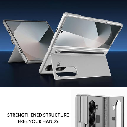 Mobizang Textured Grip S Pen Holder Hinge Protection Back Cover for Samsung Galaxy Z Fold6 / Fold 6 | with Inbuilt Glass , Kickstand & S Pen Slot Case (Silver)