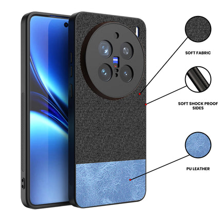 Mobizang Soft Fabric & Leather Hybrid Protective Back Cover for Vivo X200 Pro (5G) | Shockproof Slim Hard Anti Slip Back Case (Black,Blue)