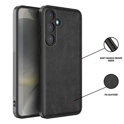 Mobizang Tux Leather Back Cover for Samsung Galaxy S25 Plus | Slim Shockproof Camera Protection Bumper Case (Black)