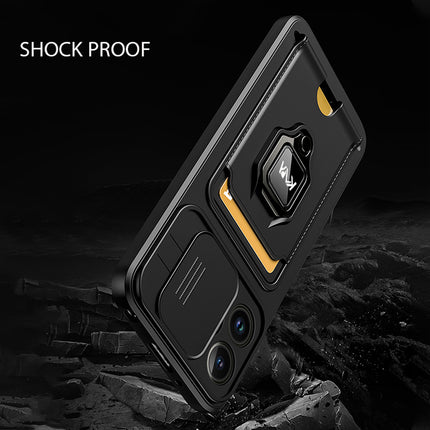 Mobizang Bisen Back Cover for Apple iPhone 16 Pro Max | Inbuilt Camera Slider Ring Stand and Card Pocket Shockproof Slim Bumper Back Case (Black)