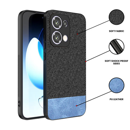 Mobizang Soft Fabric & Leather Hybrid Protective Back Cover for Oppo Reno 13 5G | Shockproof Slim Hard Anti Slip Back Case (Black,Blue)