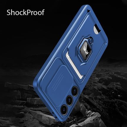 Mobizang Bisen Back Cover for Samsung Galaxy S25 Ultra | Inbuilt Camera Slider Ring Stand and Card Pocket Shockproof Slim Bumper Back Case (Blue)