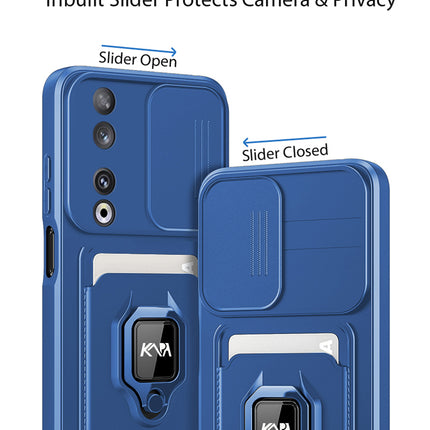 Kapa Bisen Back Cover for Honor 90 (5G) | Inbuilt Camera Slider Ring Stand and Card Pocket Shockproof Slim Bumper Back Case (Blue)