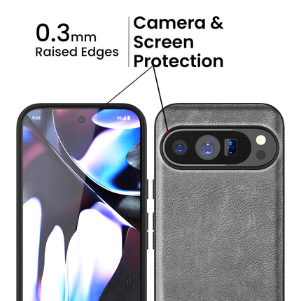 Mobizang Tux Leather Back Cover for Google Pixel 9 Pro XL | Slim Shockproof Camera Protection Bumper Case (Grey)