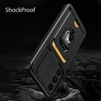 Mobizang Bisen Back Cover for Samsung Galaxy S25 Ultra | Inbuilt Camera Slider Ring Stand and Card Pocket Shockproof Slim Bumper Back Case (Black)