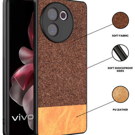 Mobizang Soft Fabric & Leather Hybrid Protective Back Cover for Vivo V30E (5G) | Shockproof Slim Hard Anti Slip Back Case (Brown)