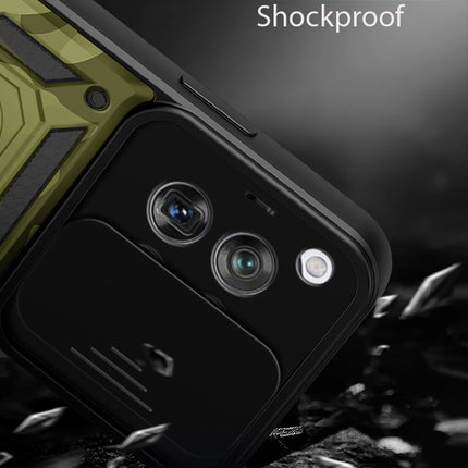 Mobizang Tank Back Cover for OnePlus 12R | Inbuilt Ring + Slider Shockproof Lens Protection Bumper Back Case (Green)