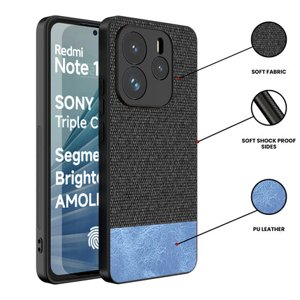 Mobizang Soft Fabric & Leather Hybrid Protective Back Cover for Redmi Note 14 (5G) | Shockproof Slim Hard Anti Slip Back Case (Black,Blue)