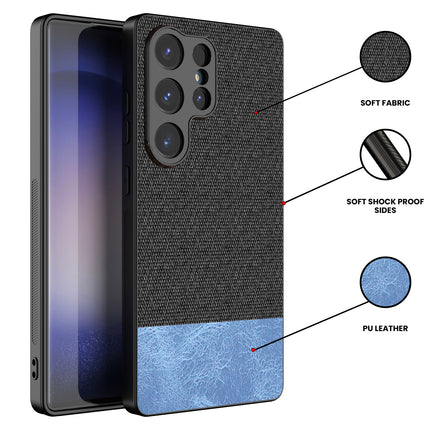Mobizang Soft Fabric & Leather Hybrid Protective Back Cover for Samsung Galaxy S25 Ultra | Shockproof Slim Hard Anti Slip Back Case (Black,Blue)