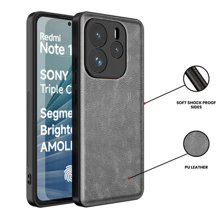 Mobizang Tux Leather Back Cover for Redmi Note 14 (5G) | Slim Shockproof Camera Protection Bumper Case (Grey)