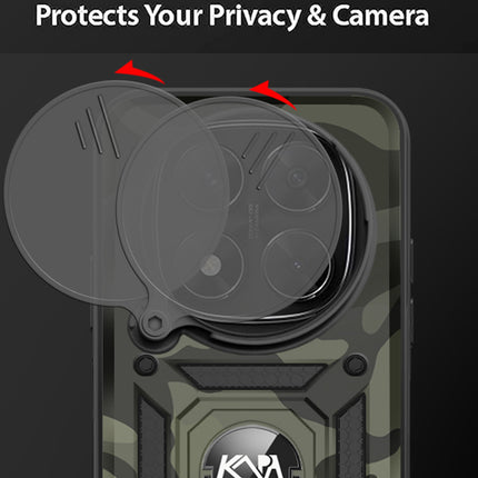 Mobizang Tank Back Cover for Redmi Note 14 Pro | Inbuilt Ring + Slider Shockproof Lens Protection Bumper Back Case (Black)