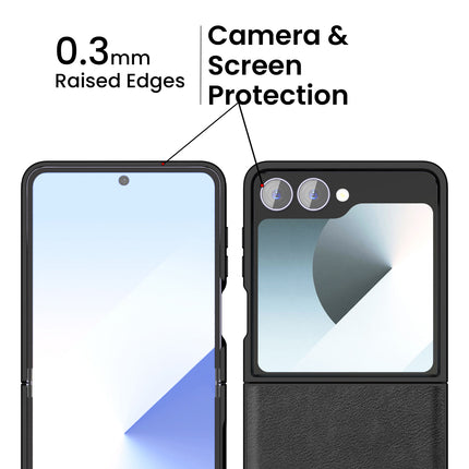 Mobizang Tux Leather Back Cover for Samsung Galaxy Z Flip 7 | Slim Shockproof Camera Protection Bumper Case (Black)