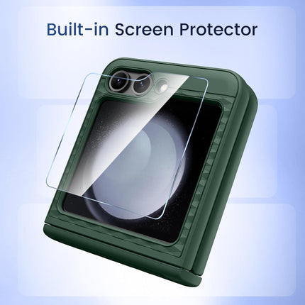 Mobizang Geometric Hinge Protection Back Cover for Samsung Galaxy Z Flip6 / Flip 6 | with [Inbuilt Glass] Full Body Shockproof Hard Back Case (Dark Green)