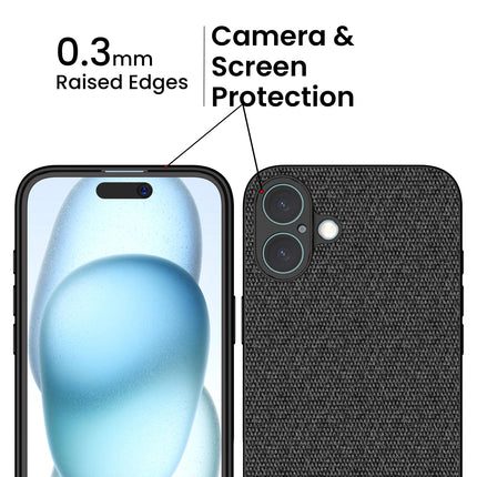 Mobizang Soft Fabric & Leather Hybrid Protective Back Cover for Apple iPhone 16 Plus | Shockproof Slim Hard Anti Slip Back Case (Black,Blue)