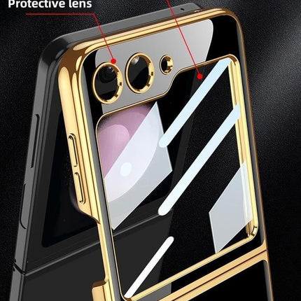 Mobizang 9H Glass Back Case for Samsung Galaxy Z Flip5 / Z Flip 5,Ultra Thin Full Body Protection Folding Hard Back Cover, Black Marble