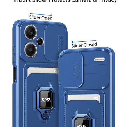 Kapa Bisen Back Cover for Redmi Note 13 Pro Plus (5G) | Inbuilt Camera Slider Ring Stand and Card Pocket Shockproof Slim Bumper Back Case (Blue)