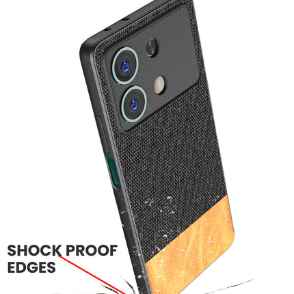 Mobizang Soft Fabric & Leather Hybrid Protective Back Cover for Poco X6 Neo (5G) | Shockproof Slim Hard Anti Slip Back Case (Black,Brown)