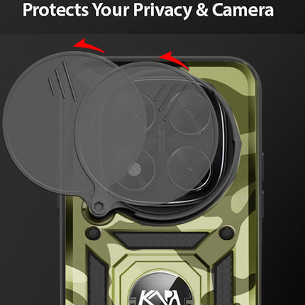 Mobizang Tank Back Cover for Redmi Note 14 Pro | Inbuilt Ring + Slider Shockproof Lens Protection Bumper Back Case (Green)