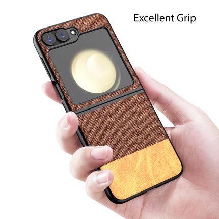 Mobizang Soft Fabric & Leather Hybrid Protective Back Cover for Samsung Galaxy Z Flip 6 | Shockproof Slim Hard Anti Slip Back Case (Brown)