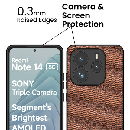 Mobizang Soft Fabric & Leather Hybrid Protective Back Cover for Redmi Note 14 (5G) | Shockproof Slim Hard Anti Slip Back Case (Brown)